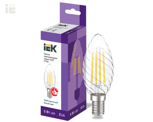 LLF-CT35-5-230-40-E14-CL | Лампа светодиодная CT35 свеча витая прозрачная 5Вт 230В 4000К E14 серия 360° | IEK