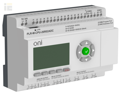 Микро ПЛК ONI. Расширяемая версия. Со встроенным экраном. 16 дискретных входов (4 как 0-20мА, 8 как 0-10В, 4 до 60кГц), 4 релейных выхода, 2 аналоговых выхода 0-20мА/0-10В. RTC. SD карта. 2хRS485. Ethernet. Напряжение питания 24В DC