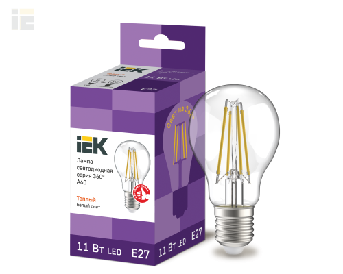 LLF-A60-11-230-30-E27-CL | Лампа светодиодная A60 шар прозрачная 11Вт 230В 3000К E27 серия 360° | IEK