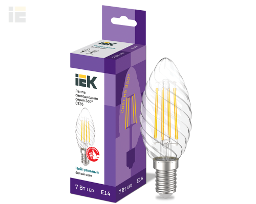 LLF-CT35-7-230-40-E14-CL | Лампа светодиодная CT35 свеча витая прозрачная 7Вт 230В 4000К E14 серия 360° | IEK