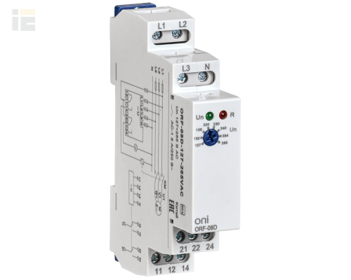 Реле контроля фаз ORF-08D 3 фазы 2 контакта 127-265В AC с контролем нейтрали ONI