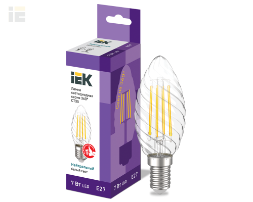 LLF-CT35-7-230-40-E27-CL | Лампа светодиодная CT35 свеча витая прозрачная 7Вт 230В 4000К E27 серия 360° | IEK