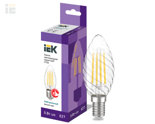 LLF-CT35-5-230-40-E27-CL | Лампа светодиодная CT35 свеча витая прозрачная 5Вт 230В 4000К E27 серия 360° | IEK