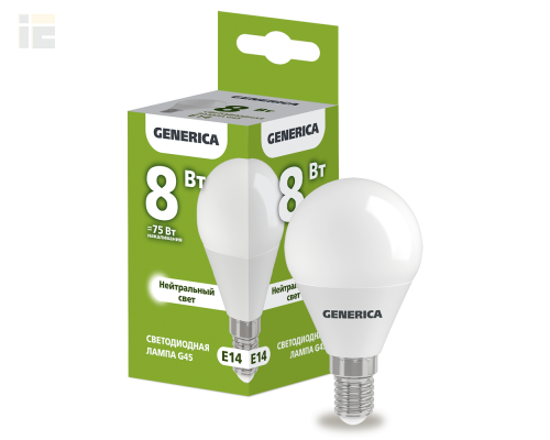 LL-G45-08-230-40-E14-G | Лампа LED G45 шар 8Вт 230В 4000К E14 | GENERICA
