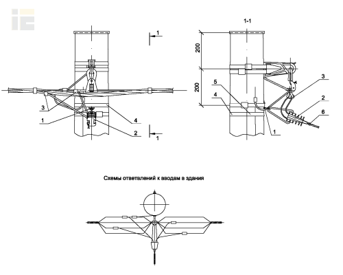 Ответвление в одну сторону СИП4-4 к вводам в здание от промежуточной одноцепной деревянной опоры