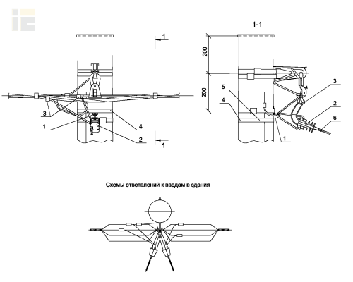 Ответвление в одну сторону 2хСИП4-2 к вводам в здание от промежуточной одноцепной деревянной опоры
