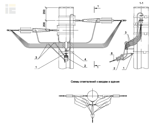 Ответвление в одну сторону СИП4-4 к вводам в здание от анкерной одноцепной деревянной опоры