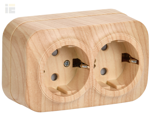 ERH24-K34-16 | Розетка двухместная для открытой установки РСш22-3-ХС с заземлением и защитной шторкой 16А GLORY сосна | IEK