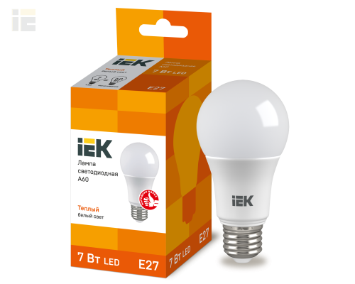 LLE-A60-7-230-30-E27 | Лампа светодиодная A60 шар 7Вт 230В 3000К E27 | IEK