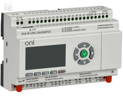 Микро ПЛК ONI. Расширяемая версия. Со встроенным экраном. 16 дискретных входов (4 как 0-20мА, 8 как 0-10В, 4 до 60кГц), 2 транзисторных выхода до 10кГц, 8 релейных выходов. RTC. SD карта. 2хRS485. Ethernet. GSM/LTE/WiFi. Напряжение питания 24В DC
