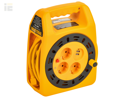 INDUSTRIAL Катушка УК15 3 места с заземлением с термозащитой 2P+PE 3х1,5мм2 USBх2 LED 15м