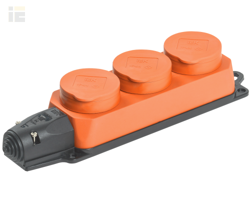 PKR61-016-2-K09 | Розетка (колодка) 3-местная РБ33-1-0м с защитными крышками IP44 ОМЕГА каучук оранжевая | IEK