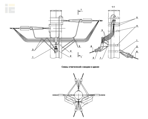 Ответвление в две стороны 2хСИП4-2 к вводам в здание от анкерной одноцепной деревянной опоры