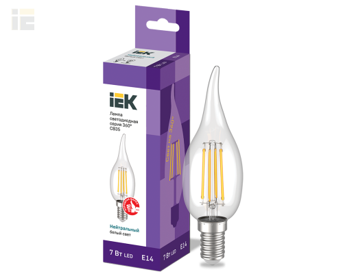 LLF-CB35-7-230-40-E14-CL | Лампа светодиодная CВ35 свеча на ветру прозрачная 7Вт 230В 4000К E14 серия 360° | IEK