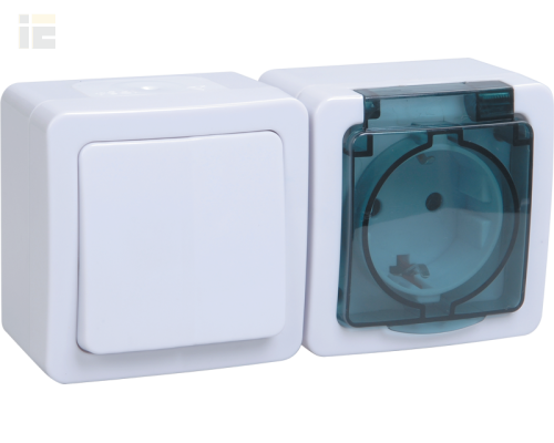 EBGMP20-K03-31-54-EC | Блок горизонтальный для открытой установки БГб-22-31-ГПБд (Выключатель 1-клавишный + розетка 1-местная с заземляющим контактом) IP54 ГЕРМЕС PLUS (белый/дымчатый) | IEK