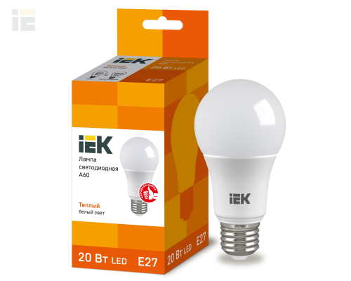 LLE-A60-20-230-30-E27 | Лампа светодиодная A60 шар 20Вт 230В 3000К E27 | IEK