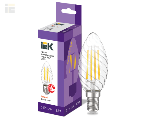 LLF-CT35-5-230-30-E27-CL | Лампа светодиодная CT35 свеча витая прозрачная 5Вт 230В 3000К E27 серия 360° | IEK