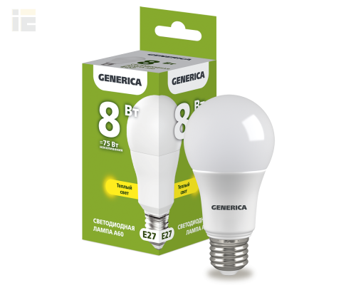 LL-A60-08-230-30-E27-G | Лампа LED A60 груша 8Вт 230В 3000К E27 | GENERICA