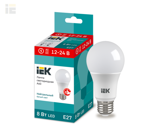 LLE-A60-08-12-24-40-E27 | Лампа светодиодная A60 шар 8Вт 12-24В 4000К E27 | IEK