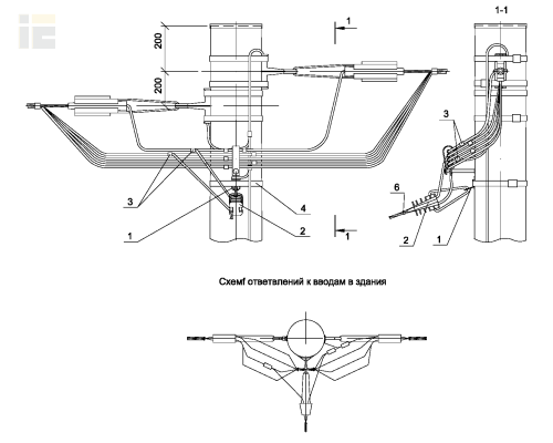 Ответвление в одну сторону СИП4-2 к вводам в здание от анкерной одноцепной деревянной опоры