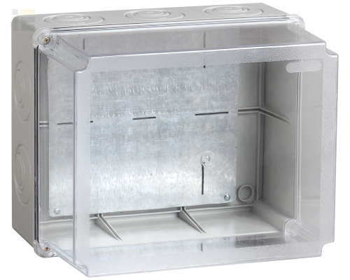 Коробка распаячная КМ41348 для открытой проводки 240х195х165мм с монтажной платой с прозрачной крышкой IP55 5 вводов серая