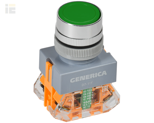 Кнопка управления D7-11T d=22мм 1з+1р с фиксацией зеленая GENERICA