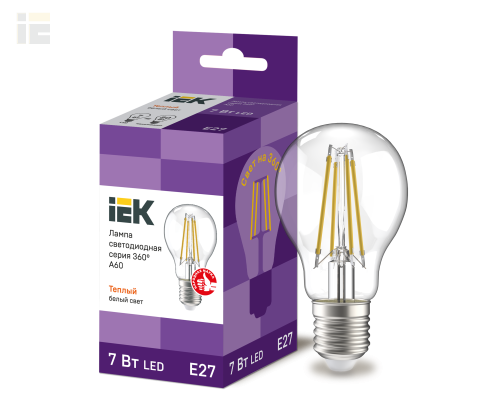 LLF-A60-7-230-30-E27-CL | Лампа светодиодная A60 шар прозрачная 7Вт 230В 3000К E27 серия 360° | IEK