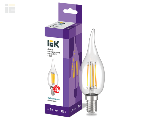 LLF-CB35-5-230-40-E14-CL | Лампа светодиодная CВ35 свеча на ветру прозрачная 5Вт 230В 4000К E14 серия 360° | IEK