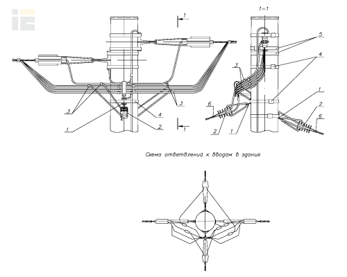 Ответвление в две стороны СИП4-2 к вводам в здание от анкерной одноцепной деревянной опоры