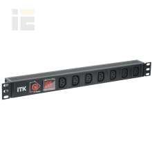 ITK PDU 7 розеток C13, с выкл. и защитой от перенапр, 1U, вх. C14, без шнура, алюминиевый профиль