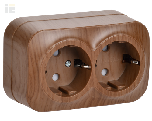 ERH24-K24-16 | Розетка двухместная для открытой установки РСш22-3-ХД с заземлением и защитной шторкой 16А GLORY дуб | IEK