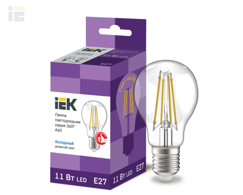 LLF-A60-11-230-65-E27-CL | Лампа светодиодная A60 шар прозрачная 11Вт 230В 6500К E27 серия 360° | IEK