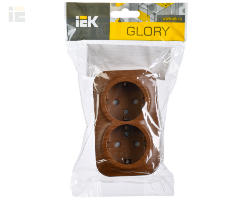 ERH24-K24-16 | Розетка двухместная для открытой установки РСш22-3-ХД с заземлением и защитной шторкой 16А GLORY дуб | IEK