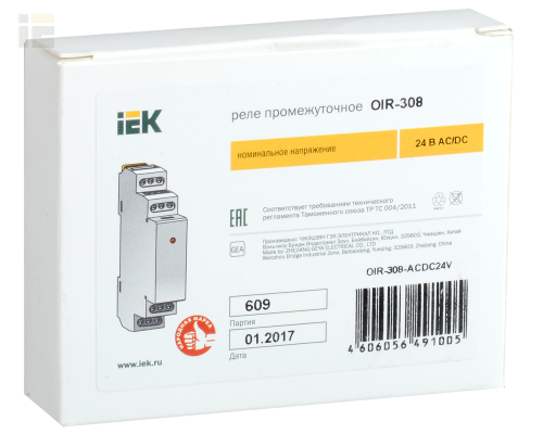 OIR-308-ACDC24V | Реле промежуточное модульное OIR 3 контакта 8А 24В AC/DC | IEK