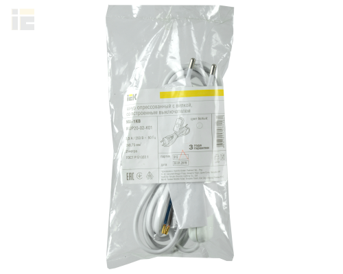 WUP20-02-K01 | Шнур УШ-1КВ опрессованный с вилкой со встроенным выключателем 2х0,75/2м белый | IEK