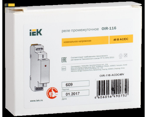 OIR-116-ACDC48V | Реле промежуточное модульное OIR 1 контакт 16А 48В AC/DC | IEK