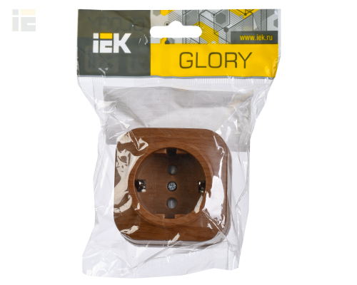 ERH14-K24-16 | Розетка одноместная для открытой установки РСш20-3-ХД с заземлением и защитной шторкой 16А GLORY дуб | IEK