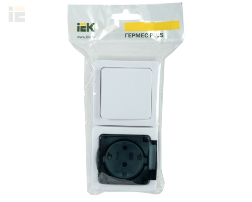 EBGMP20-K03-31-54-EC | Блок горизонтальный для открытой установки БГб-22-31-ГПБд (Выключатель 1-клавишный + розетка 1-местная с заземляющим контактом) IP54 ГЕРМЕС PLUS (белый/дымчатый) | IEK