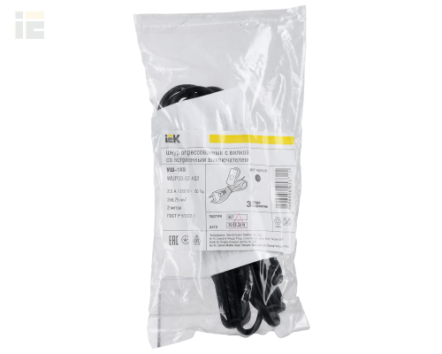 WUP20-02-K02 | Шнур УШ-1КВ опрессованный с вилкой со встроенным выключателем 2х0,75/2м черный | IEK