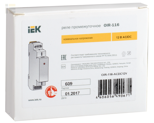 OIR-116-ACDC12V | Реле промежуточное модульное OIR 1 контакт 16А 12В AC/DC | IEK