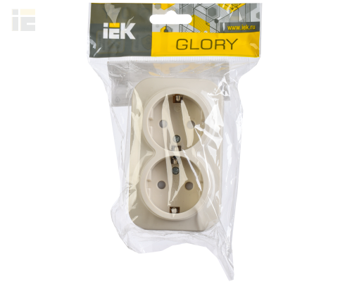 ERH24-K33-16 | Розетка двухместная для открытой установки РСш22-3-ХК с заземлением и защитной шторкой 16А GLORY кремовый | IEK