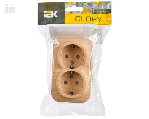 ERH24-K34-16 | Розетка двухместная для открытой установки РСш22-3-ХС с заземлением и защитной шторкой 16А GLORY сосна | IEK